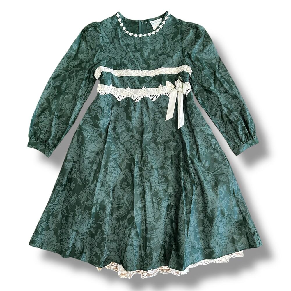 Rare Editions Girls 12 Green Jacquard Lace Dress Holiday Christmas Vintage Style